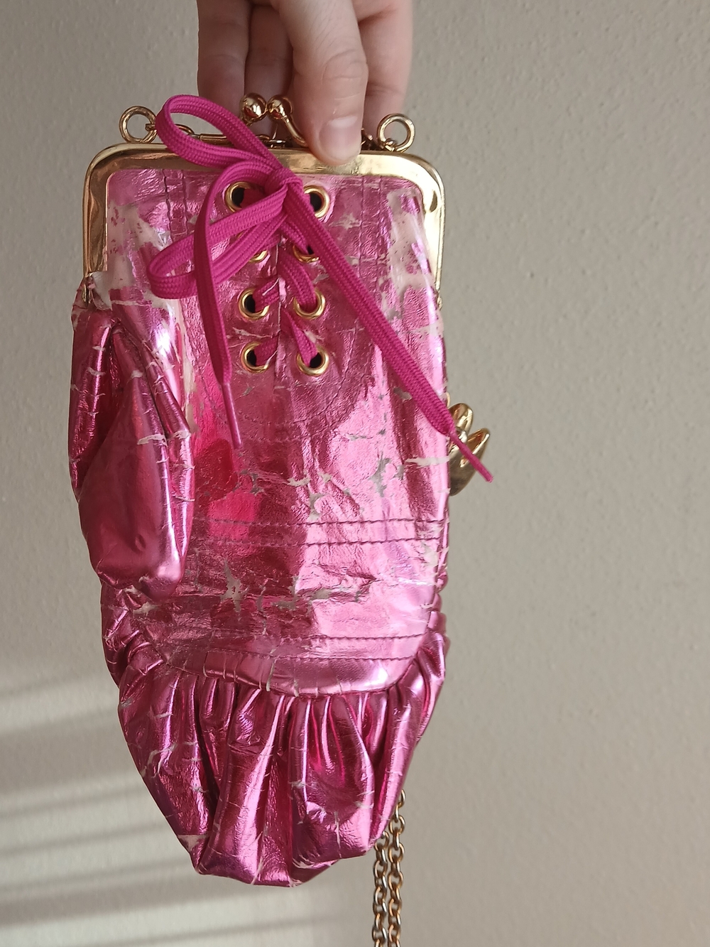 Metallic Hot Pink Lace-Up Wristlet Clutch with Gold Hardware